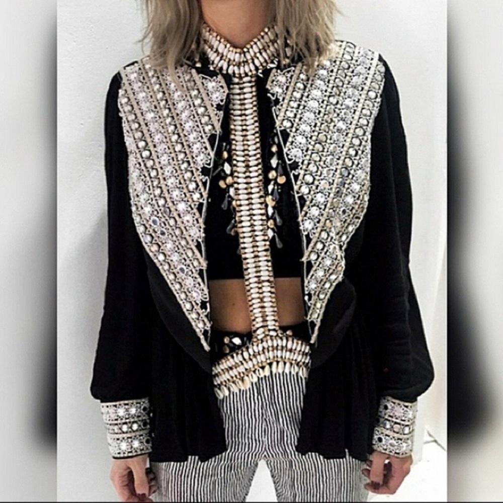 Ixiah Black and White Embellished Button Down Shirt